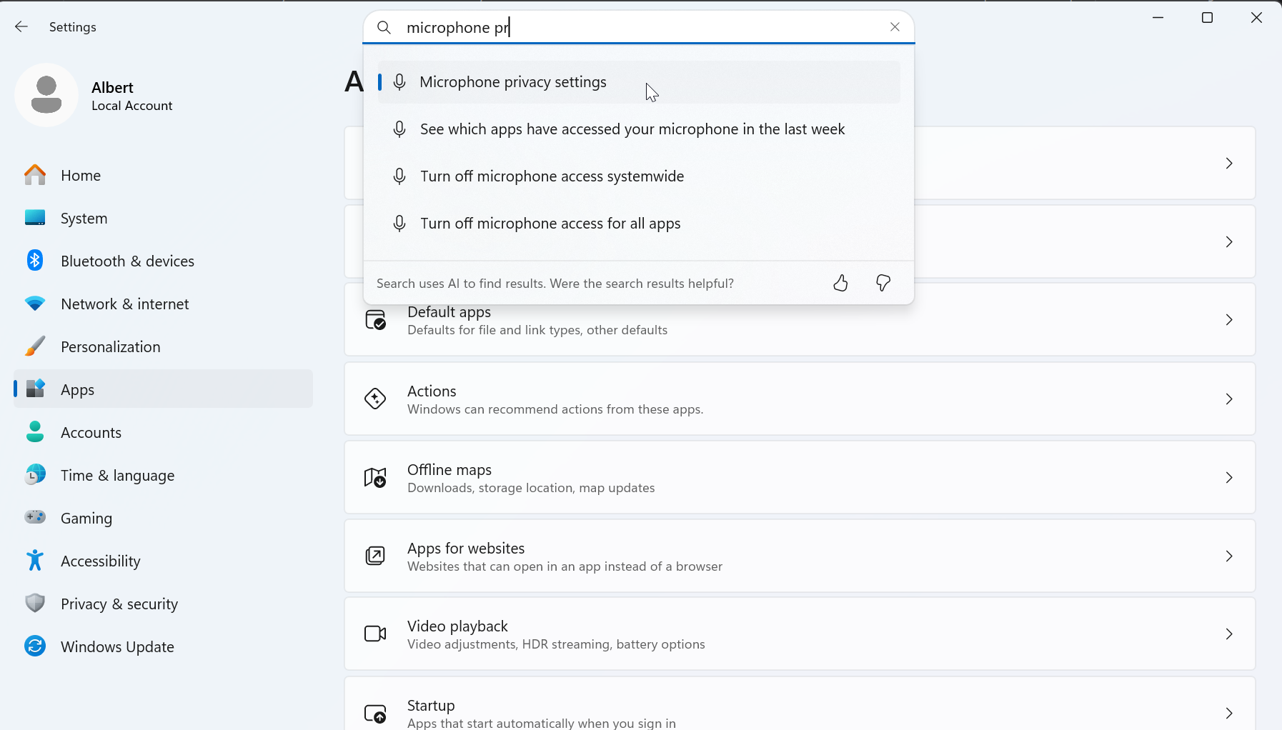Screenshot of searching for Microphone Privacy Settings