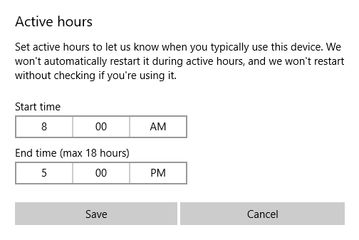 Active Hours screenshot in Windows Update settings