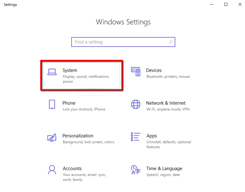 System menu in the Settings window