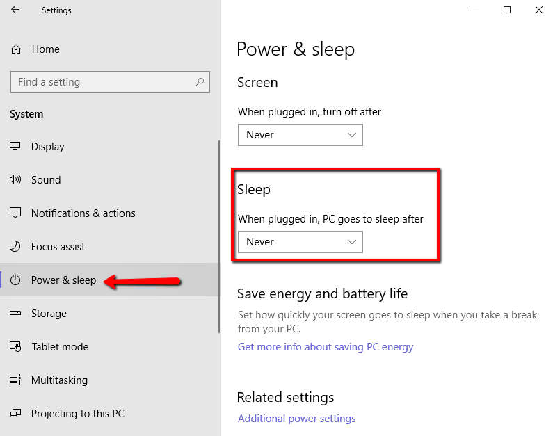 Power and Sleep settings in Windows