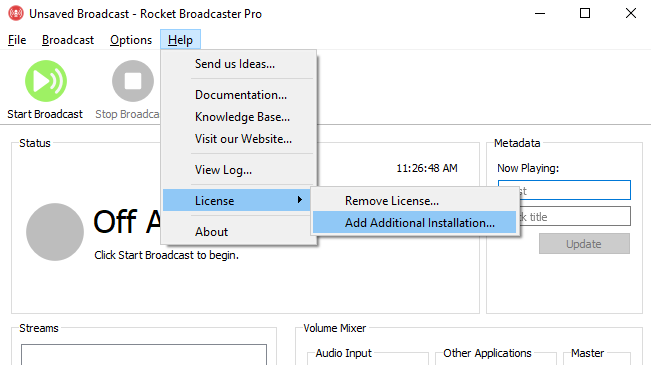 Screenshot of adding additional installations via Rocket Broadcaster menu