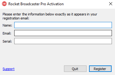 License activation screenhot from Rocket Broadcaster Pro
