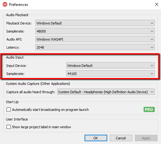 Rocket Broadcaster preferences window screenshot" caption="You can choose a different set of audio input channels for each Rocket Broadcaster Pro instance.