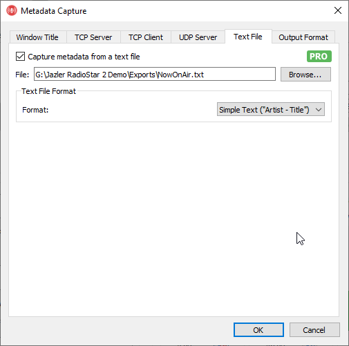 The Text File metadata capture tab in Rocket Broadcaster configured to read metadata from Jazler RadioStar 2.